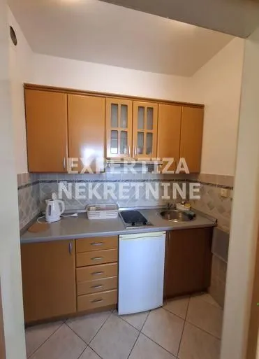 Small kitchen with wooden cabinets and basic appliances.