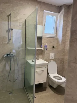 Kupatilo obloženo keramičkim pločicama sa tuš kabinom, umivaonikom i toaletom. - image 5