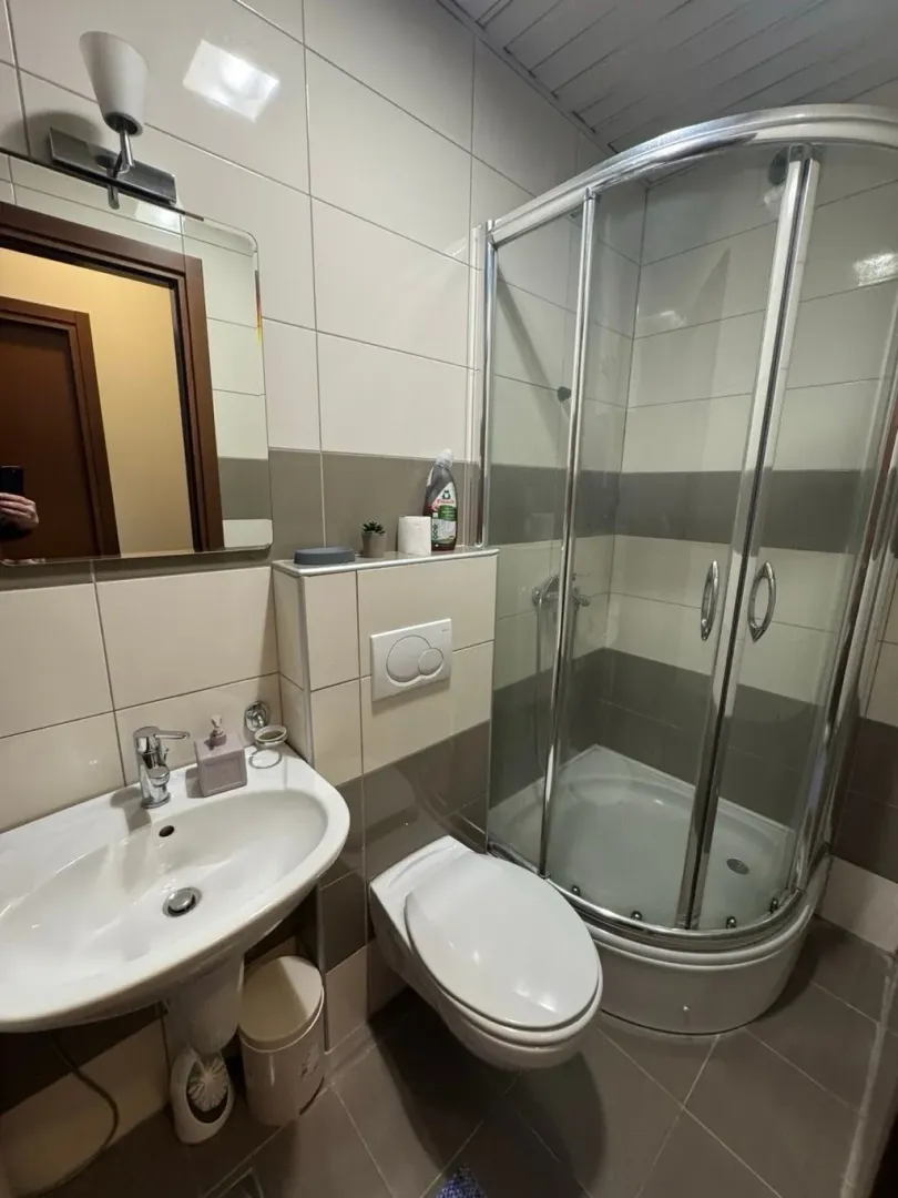 Manje kupatilo opremljeno umivaonikom, WC šoljom i tuš kabinom.