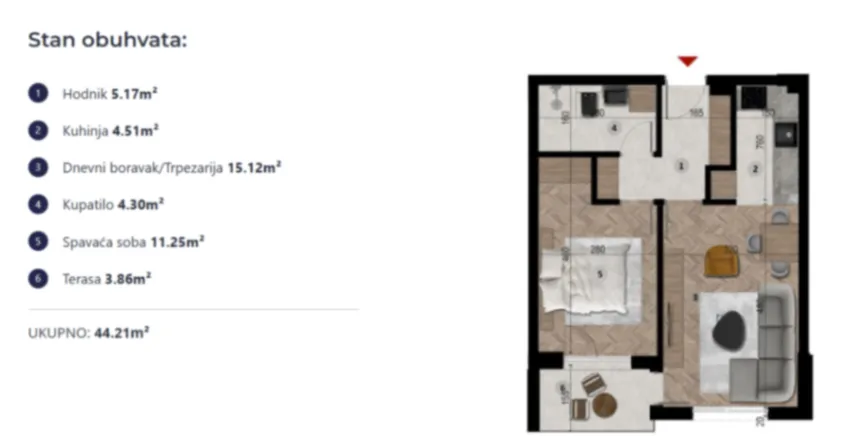 Prodaja, jednosoban stan, 44m², Šušanj, Bar