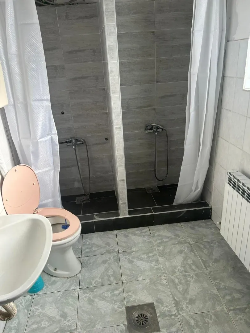 Bathroom with shower stalls and toilet.