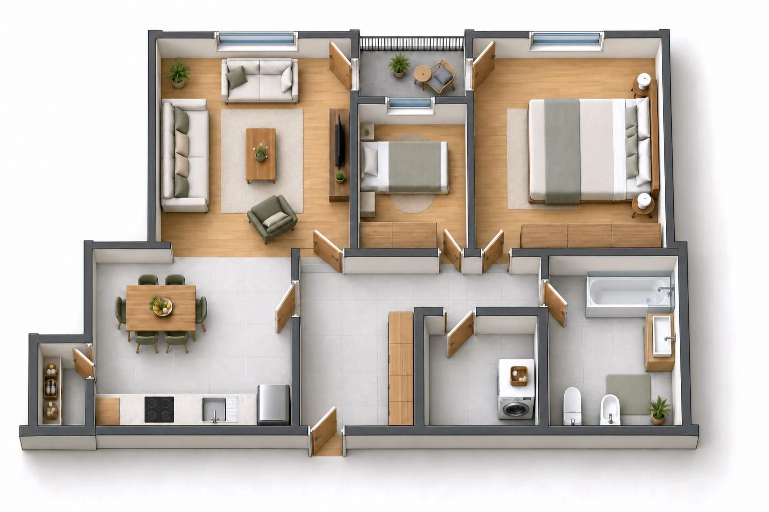 Three-dimensional floor plan of a furnished apartment featuring a kitchen, dining area, living room, two bedrooms, bathroom, and a balcony.