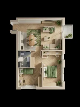 Three-dimensional floor plan of a furnished apartment with two bedrooms and a terrace. - image 2