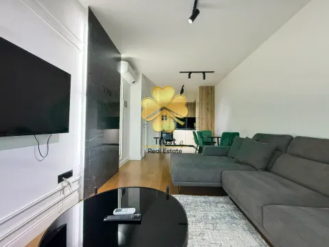 Modern living room with a sofa, TV, and view of the dining area and kitchen. - image 4