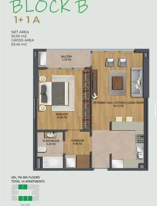 Sale, one bedroom apartment, 55m², Bar, Crna Gora