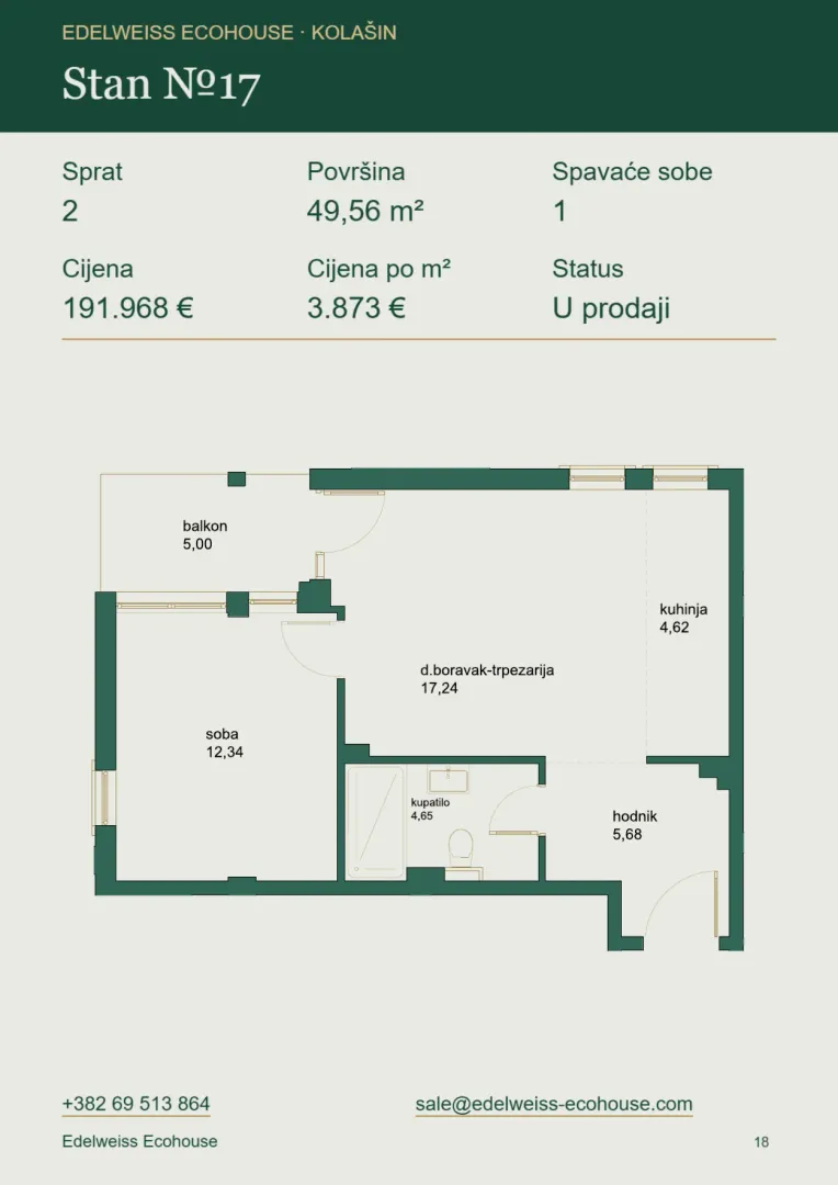 Prodaja, jednosoban stan, 50m², Centar, Kolašin - Plan prostora