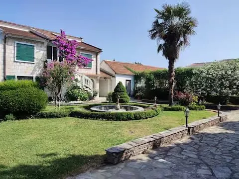 A nicely landscaped yard with a fountain and palm tree in front of the house. - image 6