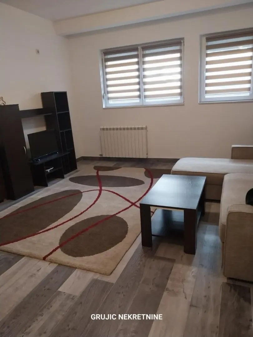 Living room with a sofa, coffee table, and TV.