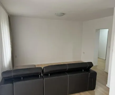 Dnevna soba sa crnom ugaonom garniturom i belim zidovima. - image 3