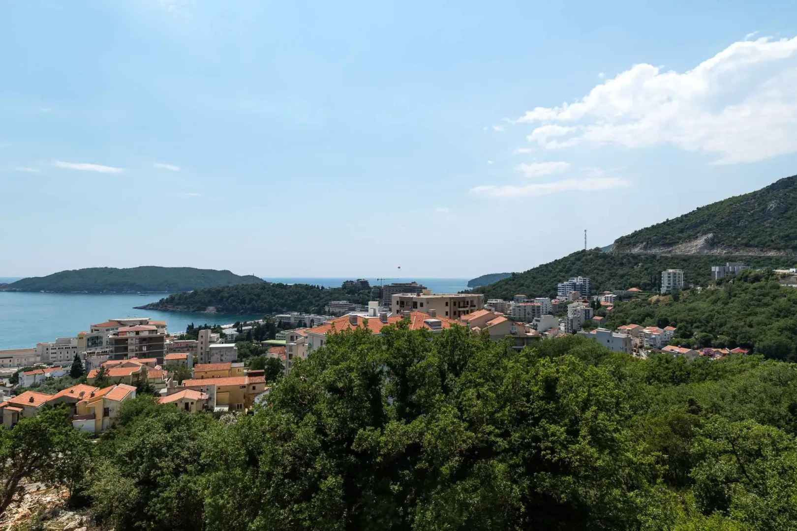 View from the terrace overlooking the town, hills, and sea.