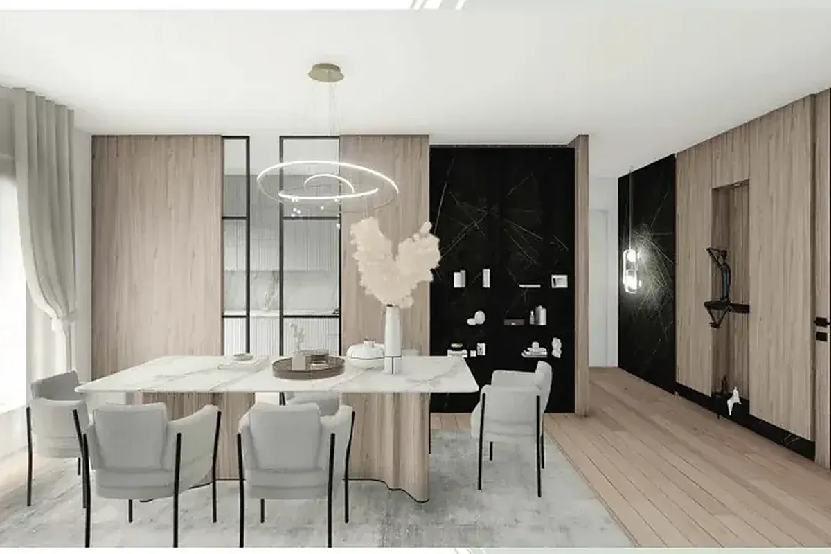 Moderna trpezarija sa stolom, stolicama i elegantnim lusterom.