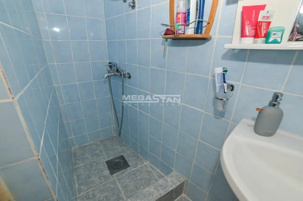 Pogled na tuš kabinu i umivaonik u kupatilu sa plavim pločicama.