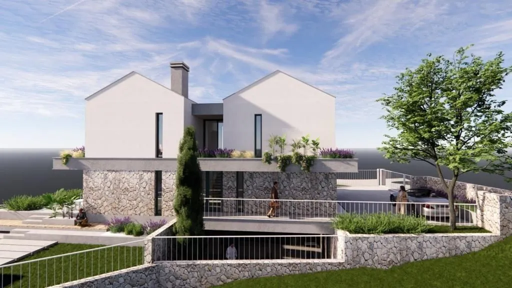 Render modernog dvospratnog objekta sa kamenom fasadom, terasama i uređenim dvorištem.
