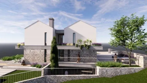 Render modernog dvospratnog objekta sa kamenom fasadom, terasama i uređenim dvorištem. - image 6