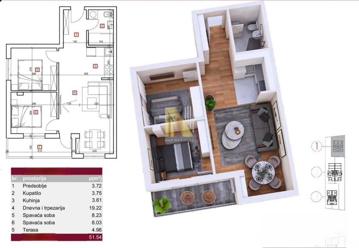 Sale, three bedroom apartment, 49m², Karagača, Petrovaradin