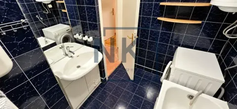 Kupatilo obloženo tamnim pločicama sa umivaonikom, kadom i veš mašinom. - image 12