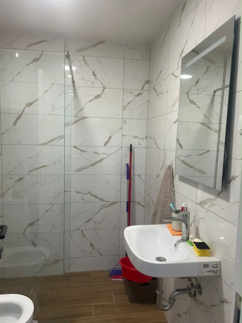 Modern bathroom with a sink, mirror, and walk-in shower.
