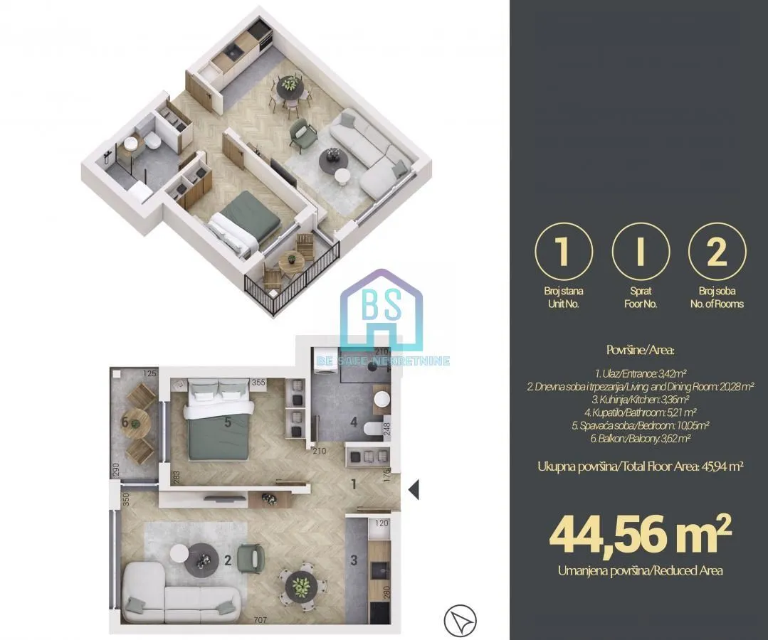Sale, one bedroom apartment, 45m², Adice, Novi Sad Sve Podlokacije