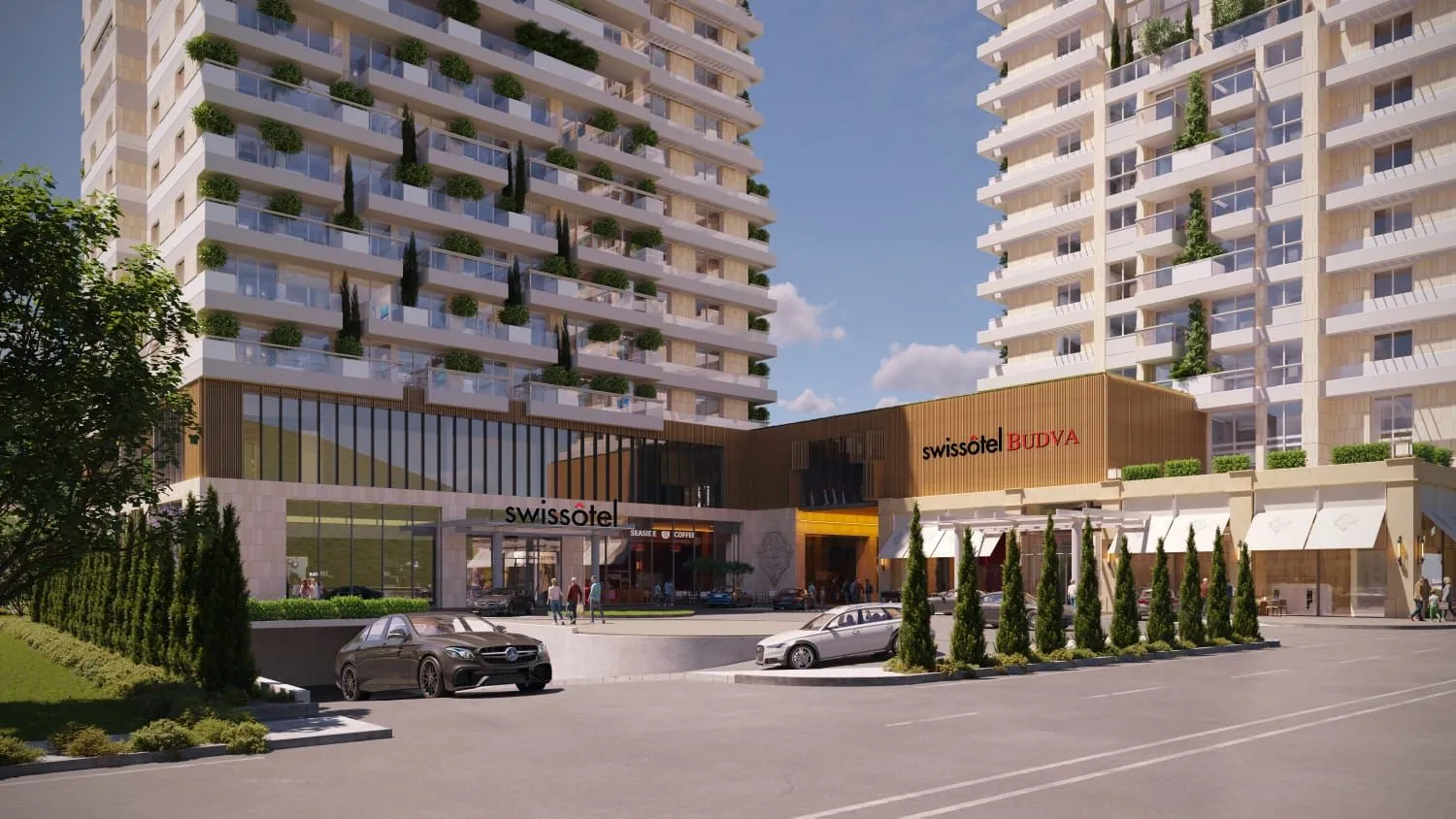 Eksterijer moderne stambene zgrade sa ulazom i okolnim uređenjem.