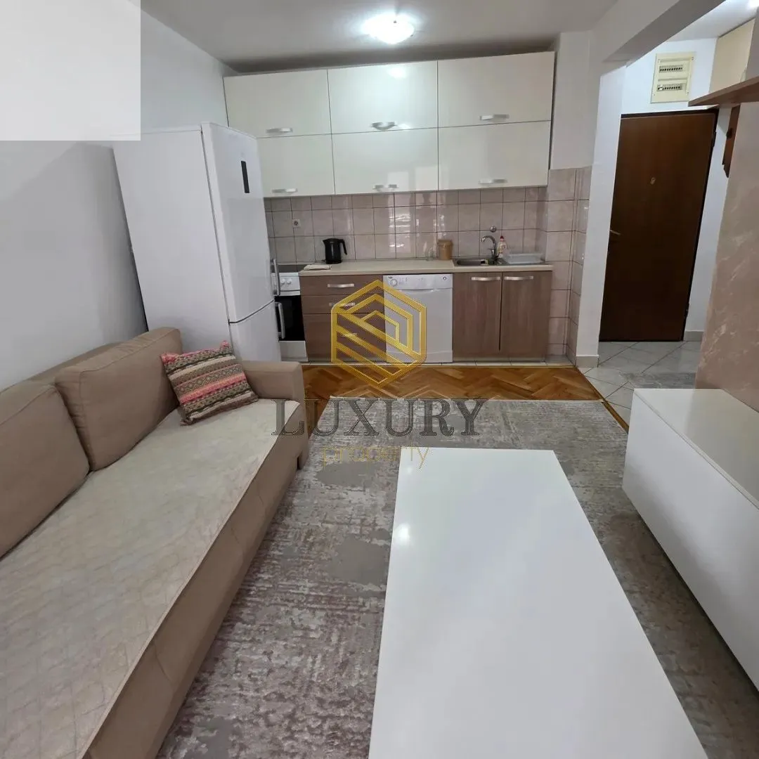 Living room with a sofa and dining area combined with the kitchen.