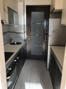 Narrow kitchen with modern cabinets and appliances. - image 10