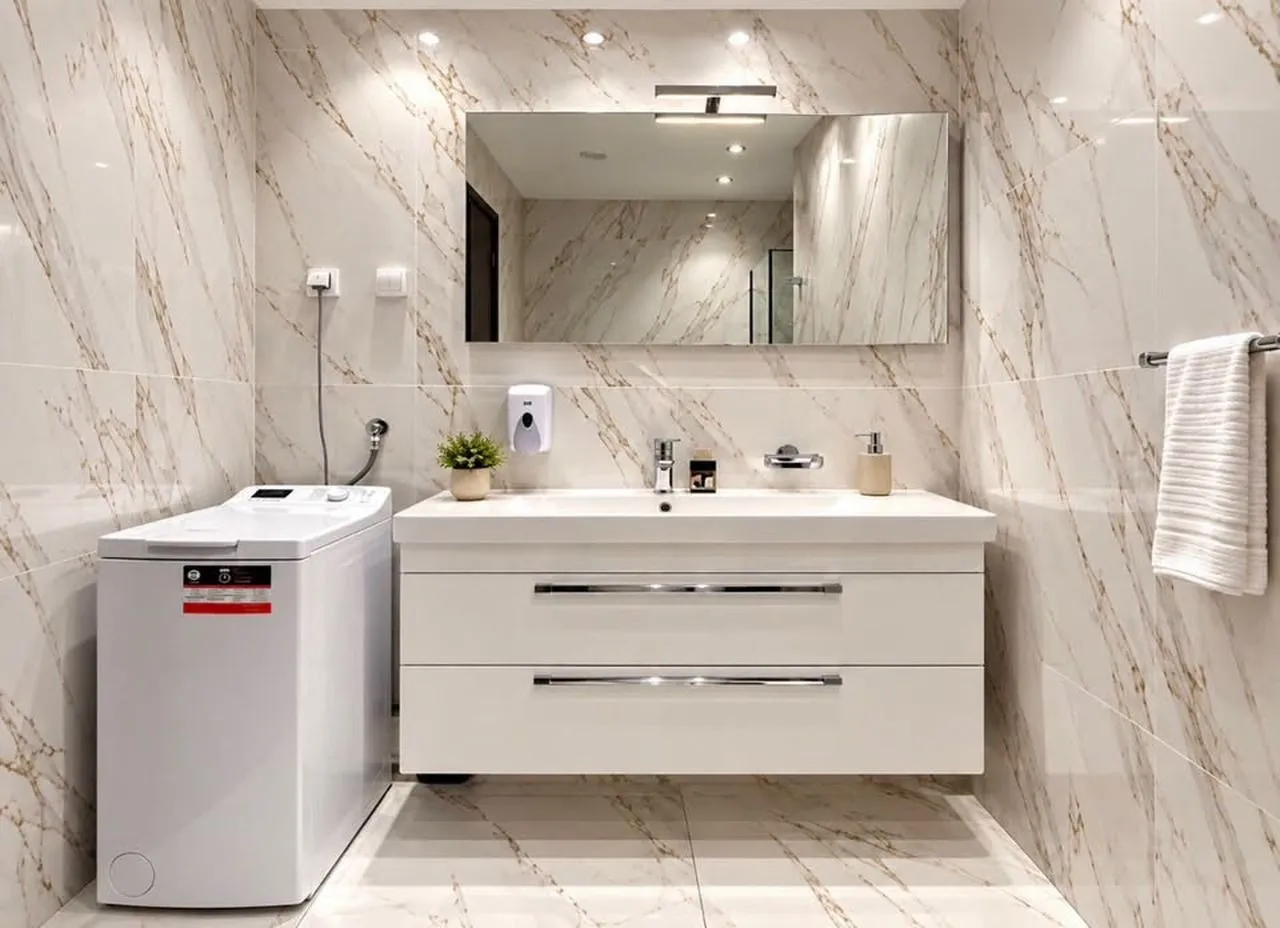 Modern bathroom equipped with a washbasin, a large mirror, and a washing machine.