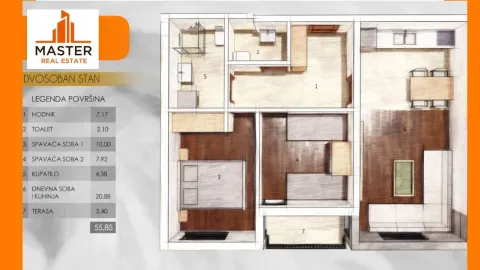 Illustrated floor plan of a two-room apartment with room layout and square footage. - image 2