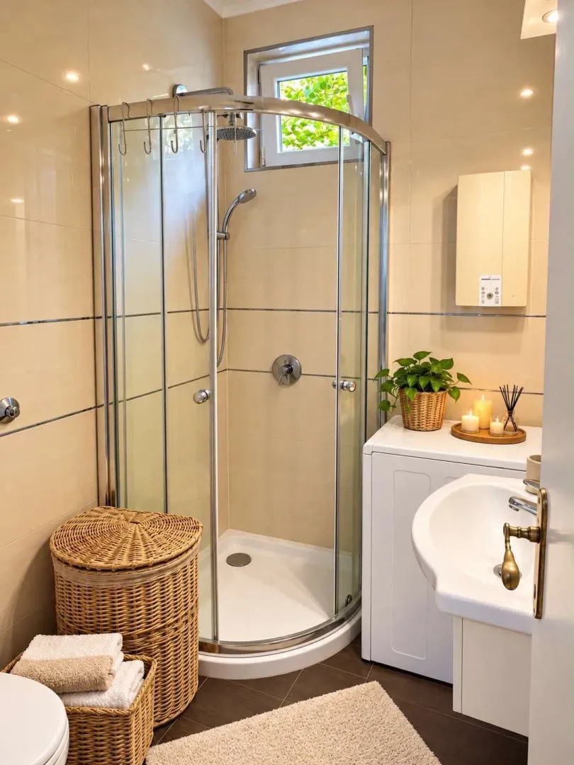 Tidy bathroom with a shower cabin, washbasin, and washing machine.