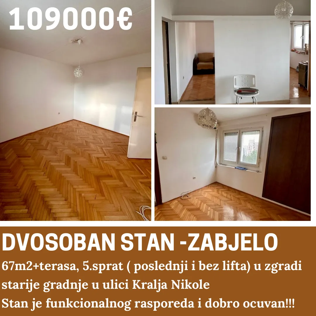 Kolaž fotografija praznog dnevnog boravka sa parketom i tekstualnim oglasom.