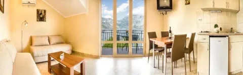 Panoramski pogled na dnevni boravak sa kuhinjom i trpezarijom i izlazom na terasu. - image 7