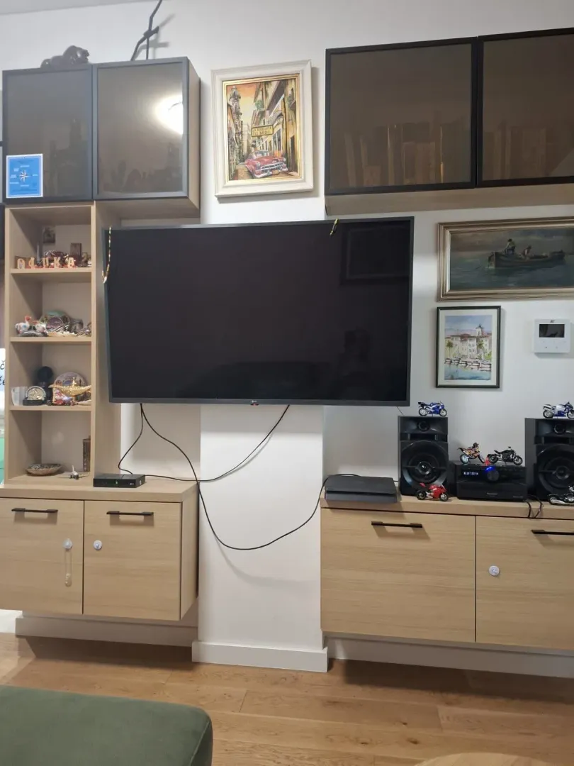 Dnevna soba sa TV-om, policama i dekorativnim slikama na zidu.