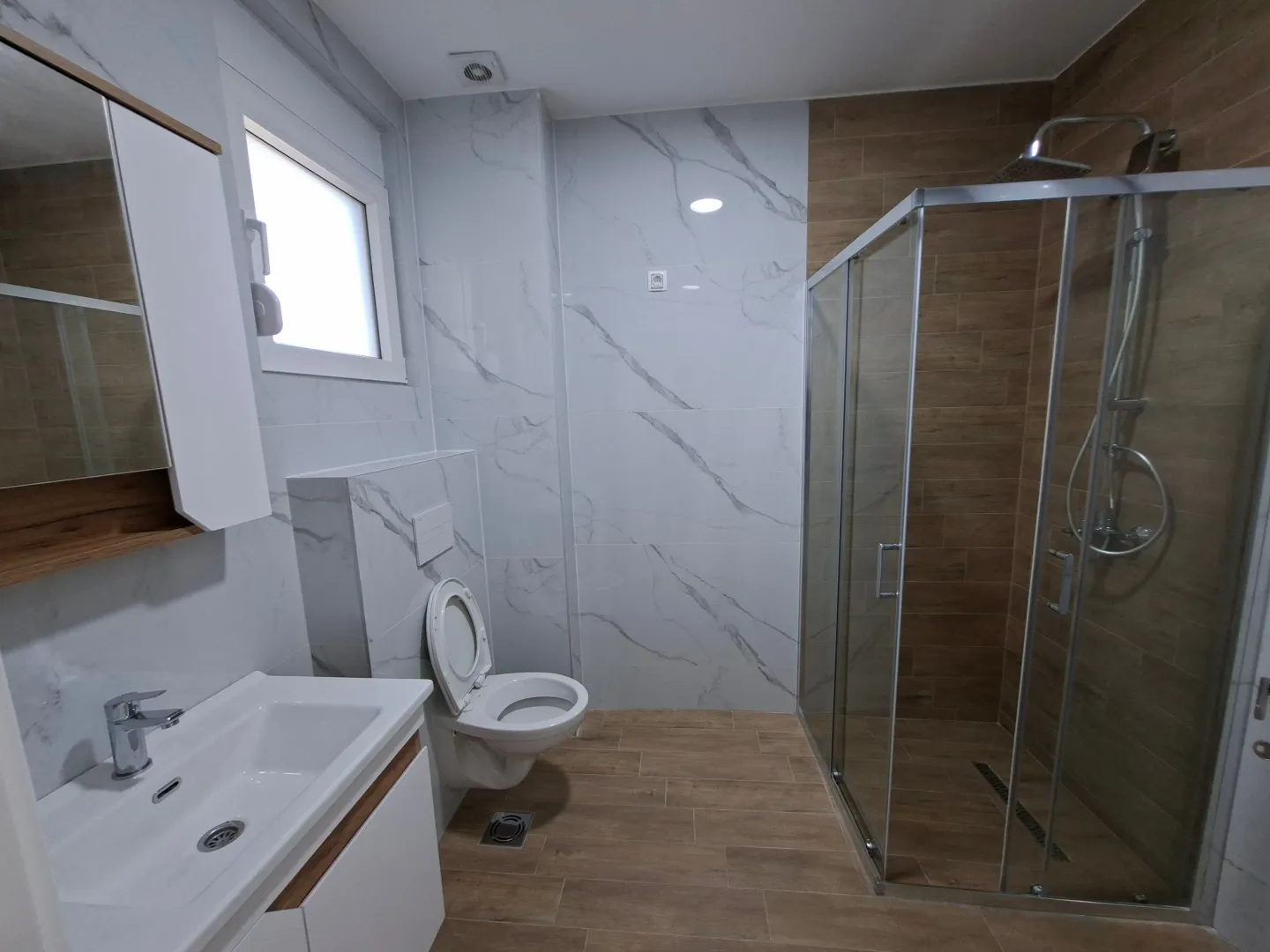 Modernly equipped bathroom with a walk-in shower, washbasin, and toilet.
