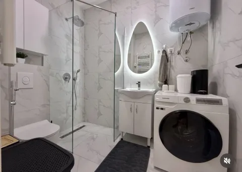 Modern bathroom with a walk-in shower, washbasin, and washing machine. - image 9
