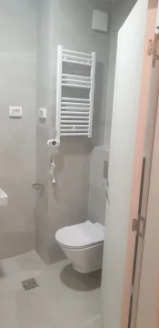 Bright bathroom with a wall-hung toilet and a towel radiator. - image 11
