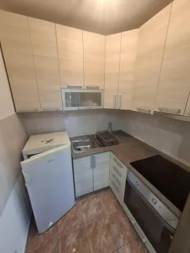 Manja kuhinja sa drvenim elementima, sudoperom, ugradnom pločom i frižiderom. - image 5
