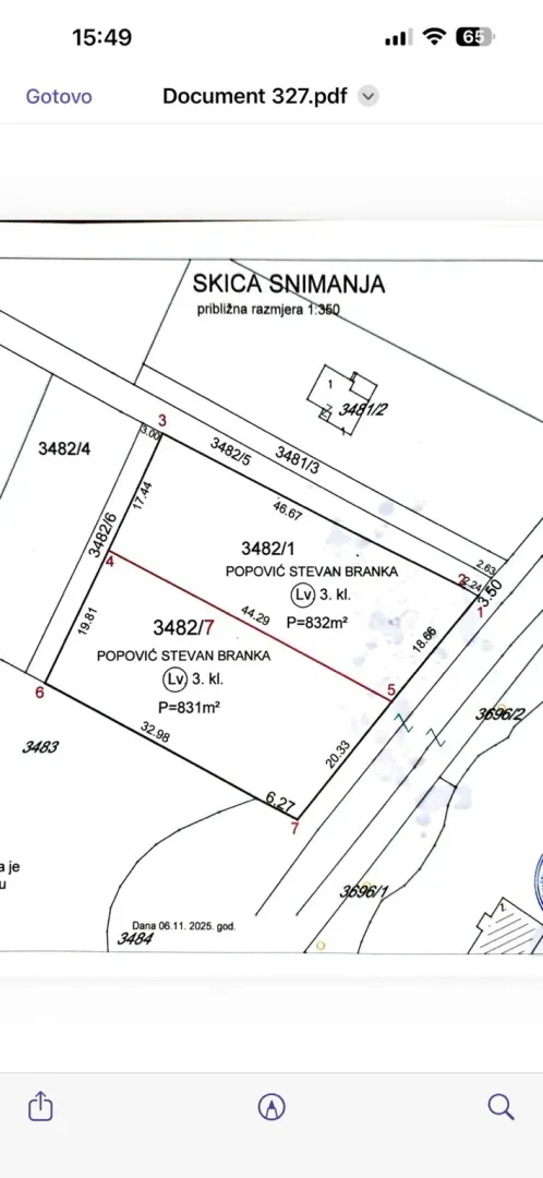 Katastarski plan sa prikazom parcela i površine zemljišta.