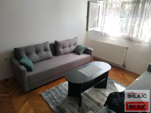 Dnevna soba sa sivom sofom, stočićem i prozorom. - image 3