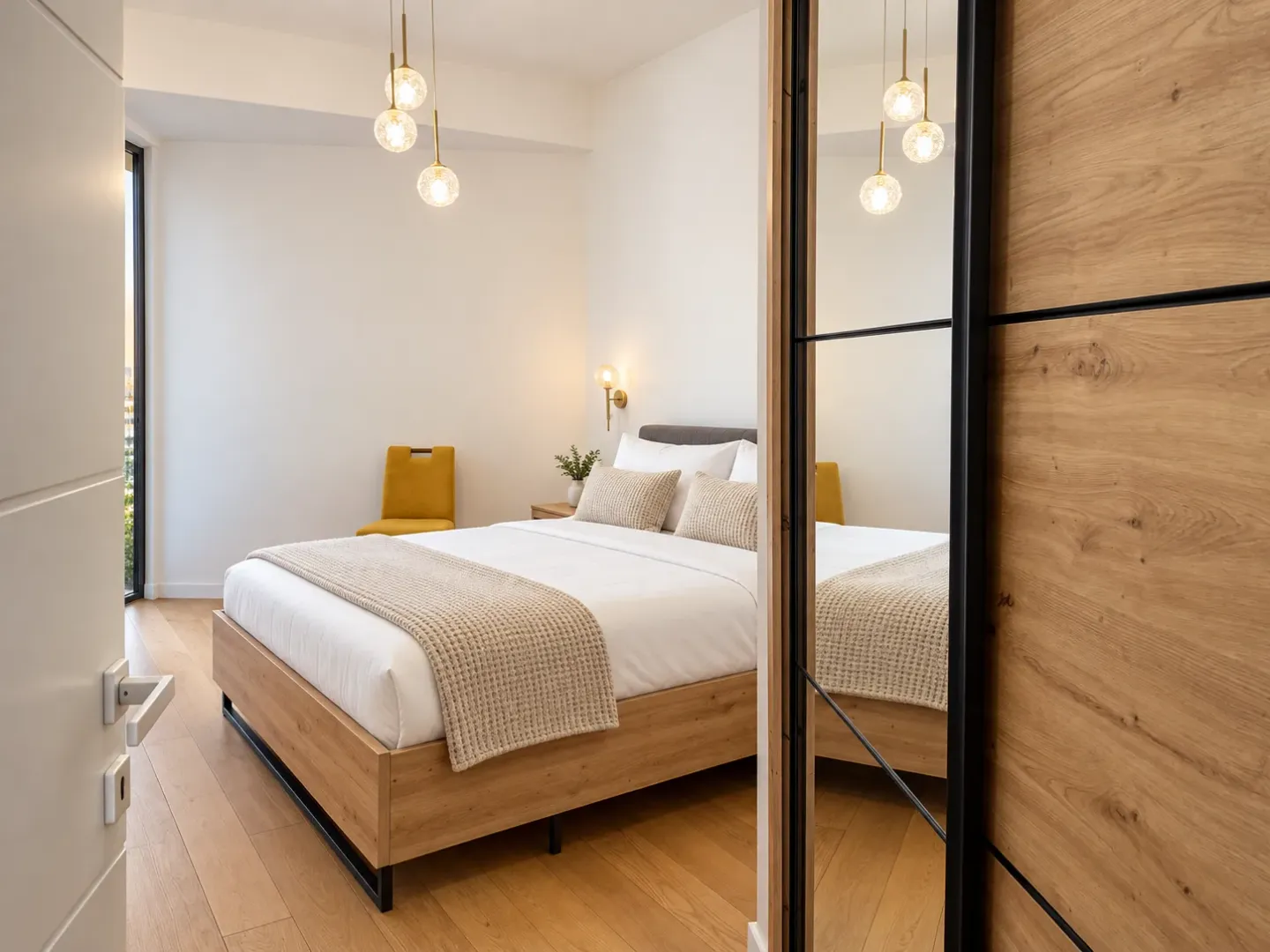 Modern bedroom with a double bed, wooden flooring, and a mirrored fitted wardrobe.