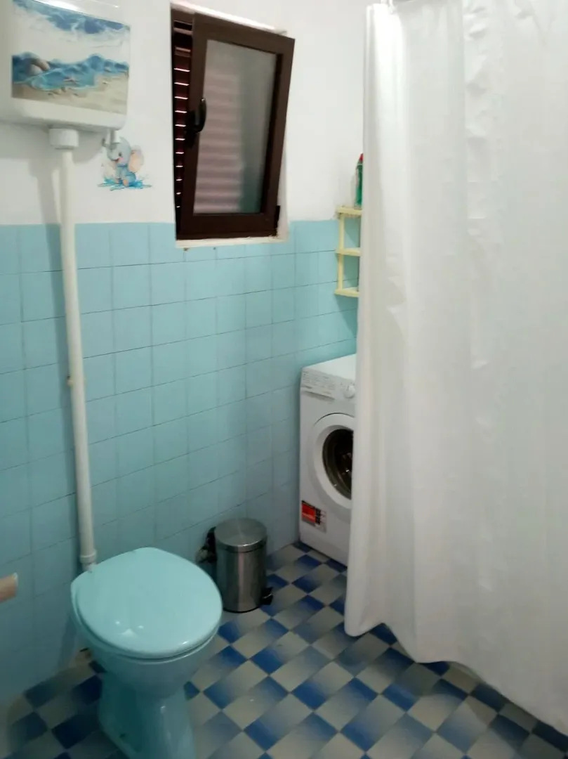 Bathroom with blue tiles, toilet, shower and washing machine.