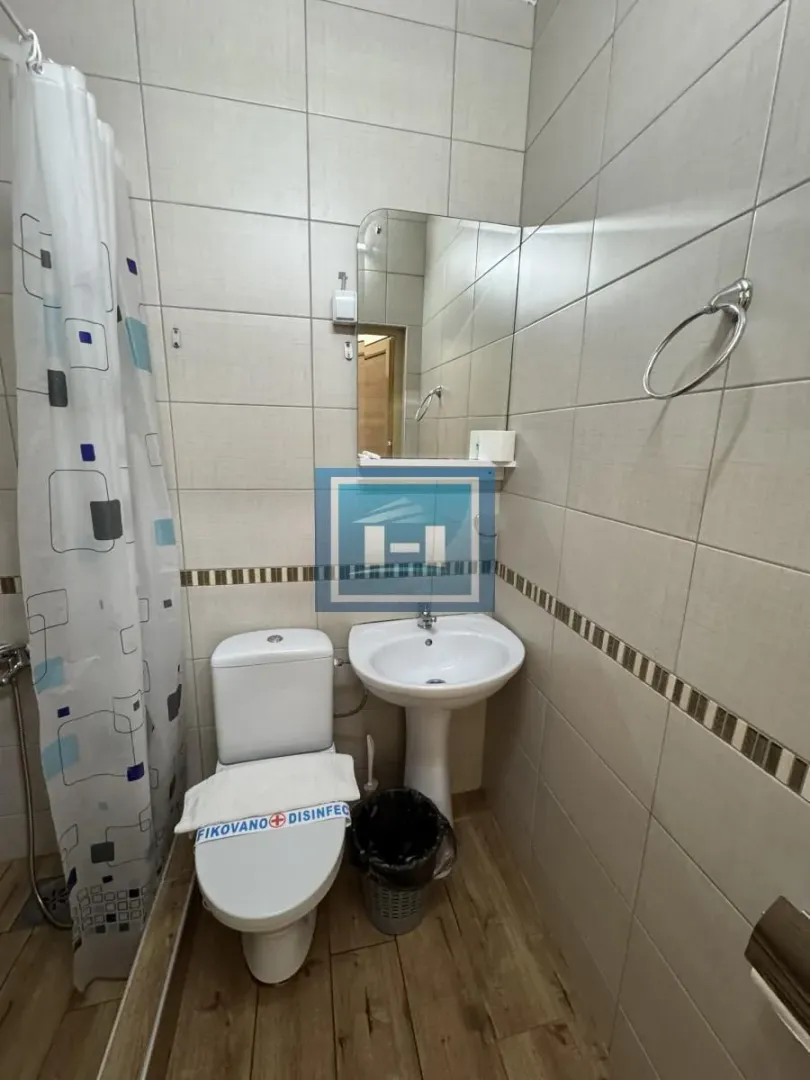 Smaller bathroom with a shower, washbasin, and toilet.