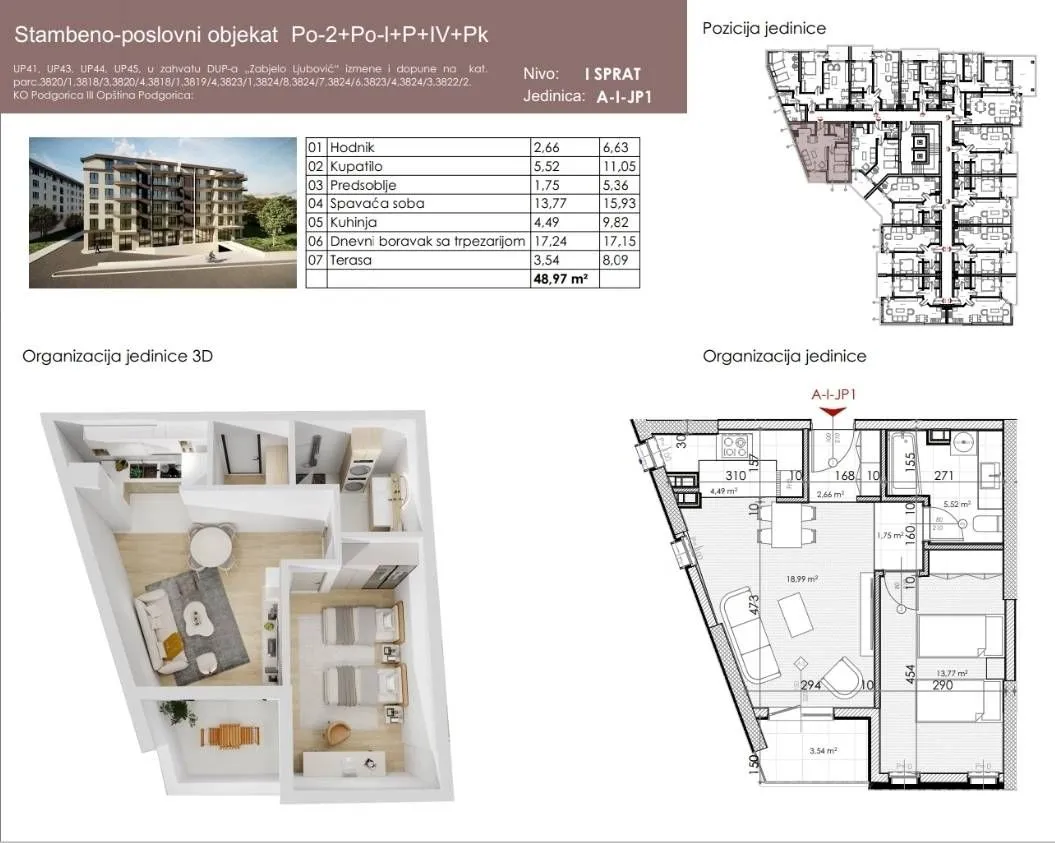 Prodaja, jednosoban stan, 50m², Ljubović, Podgorica