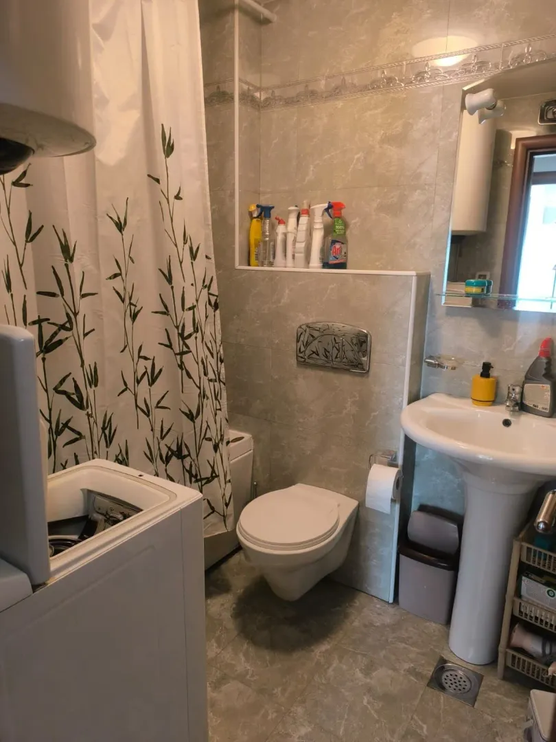 Bathroom with a washbasin, toilet, shower, and washing machine.