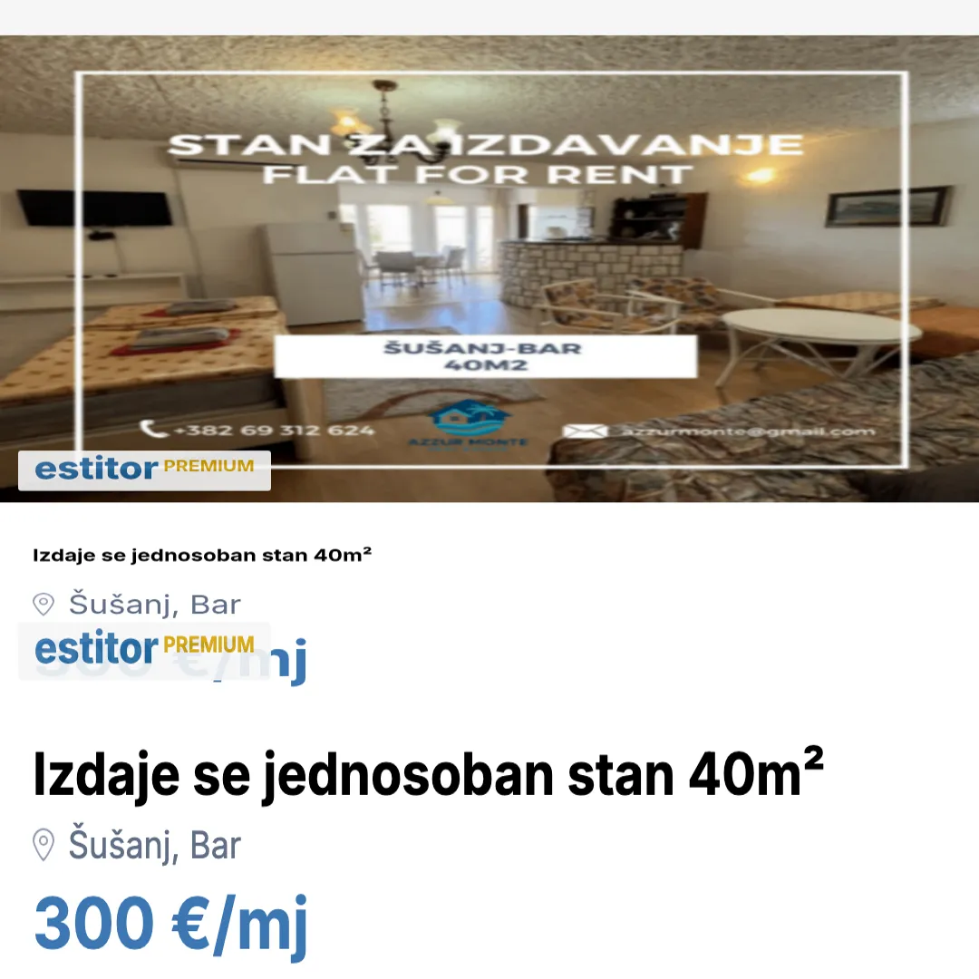 Izdavanje, jednosoban stan, 40m², Šušanj, Bar