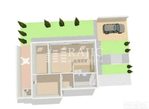 Three-dimensional floor plan of the house with a yard and parking. - image 13