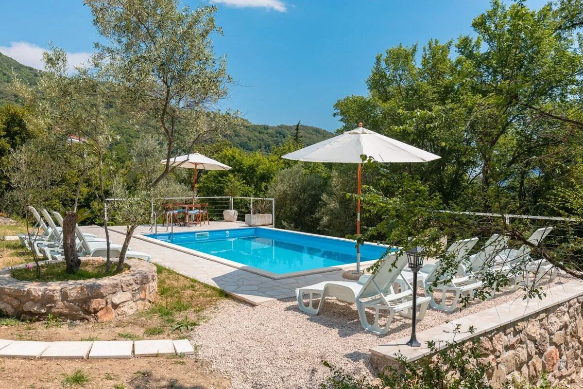 Swimming pool with sun loungers and umbrellas surrounded by greenery and trees.