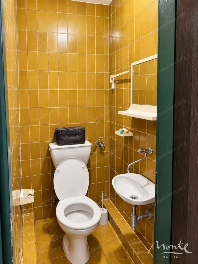 Manje kupatilo sa žutim zidnim pločicama, WC šoljom i malim umivaonikom.