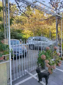 Ulaz u dvorište sa metalnom kapijom, zelenilom i parkiranim automobilima. - image 9