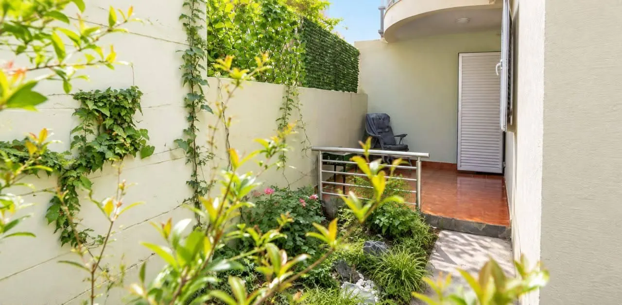 Small landscaped yard with greenery and a paved section.