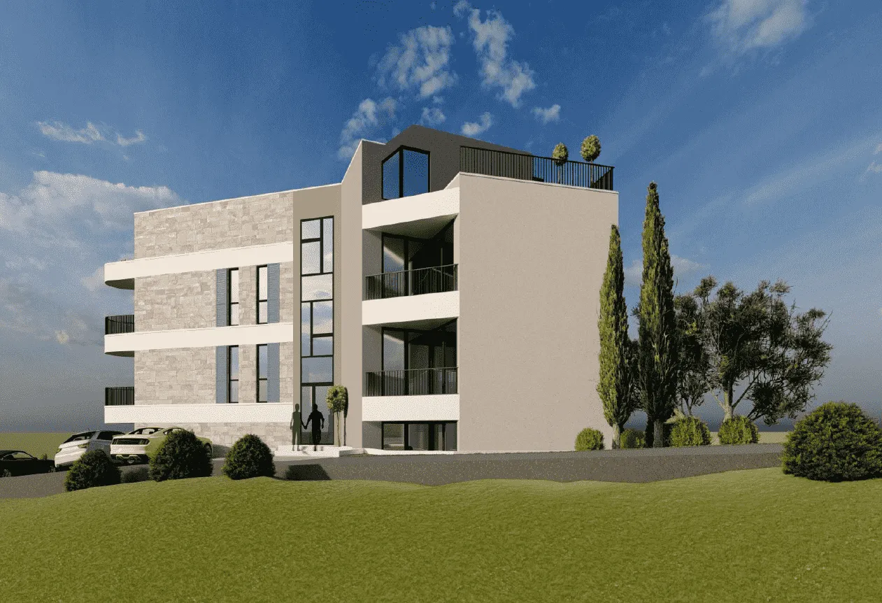 Spoljašnji izgled moderne stambene zgrade sa terasama i uređenim okruženjem.