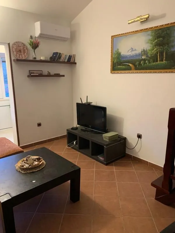 Living room with a TV, shelves, and a coffee table.